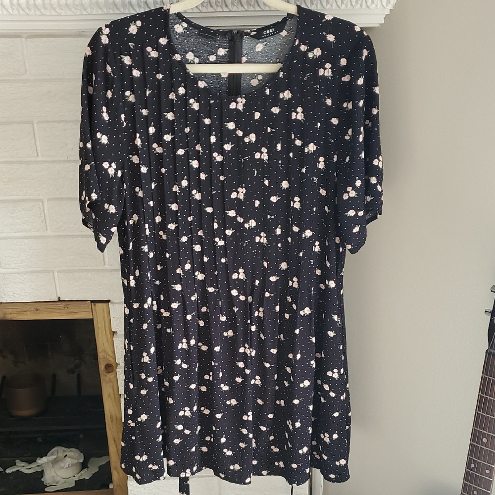 Obey Worldwide Sustainable Black Floral Boho Women's Viscose Dress Size XS Or S